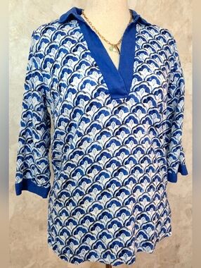 Sigrid Olsen 100% Linen Blue Print Tunic Top Small Coastal Boho Lightweight